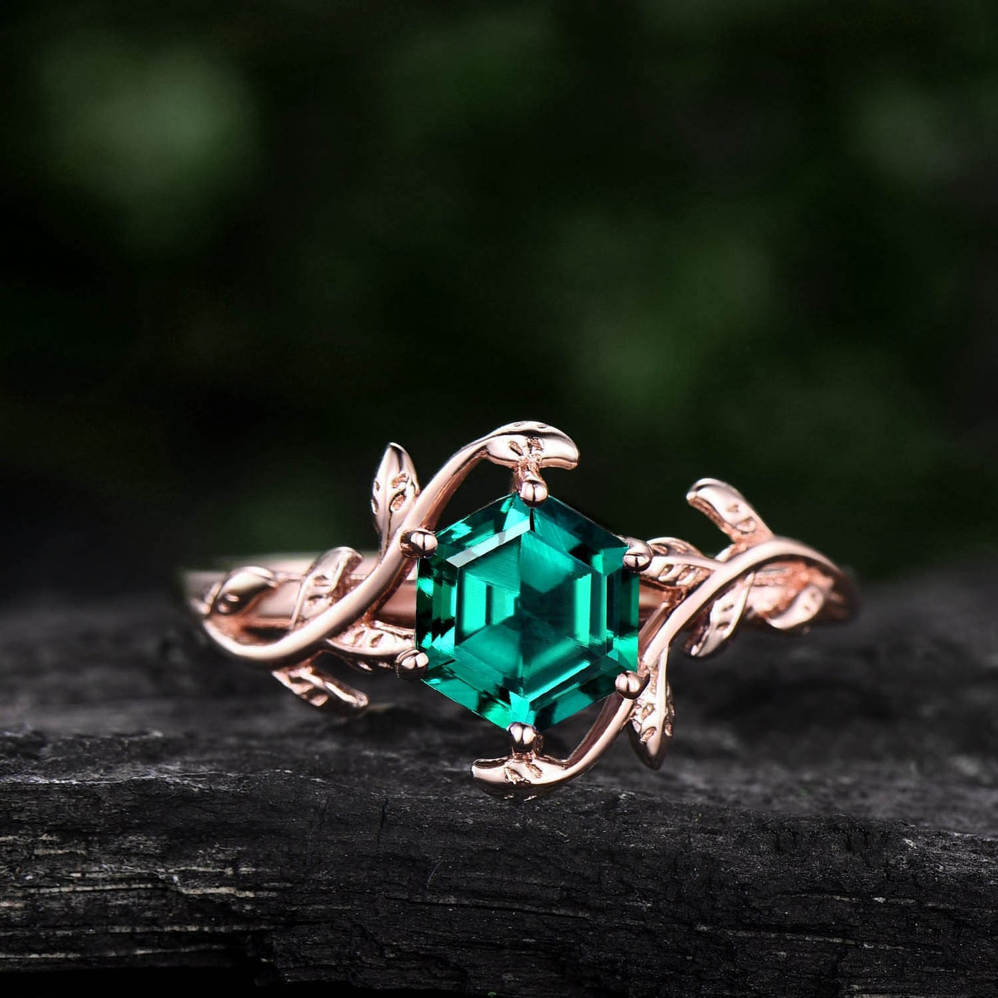 Vintage Hexagon cut emerald engagement ring leaf flower ring solitaire 14k rose gold emerald ring for women unique anniversary wedding ring