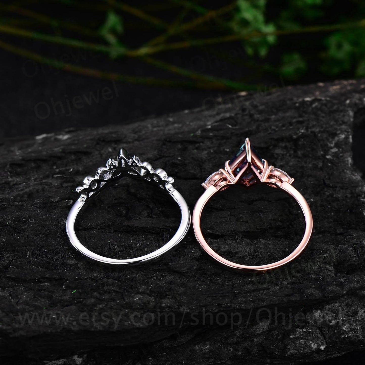 Vintage kite cut green moss agate engagement ring set rose gold three stone marquise cut moissanite ring unique wedding ring set for women