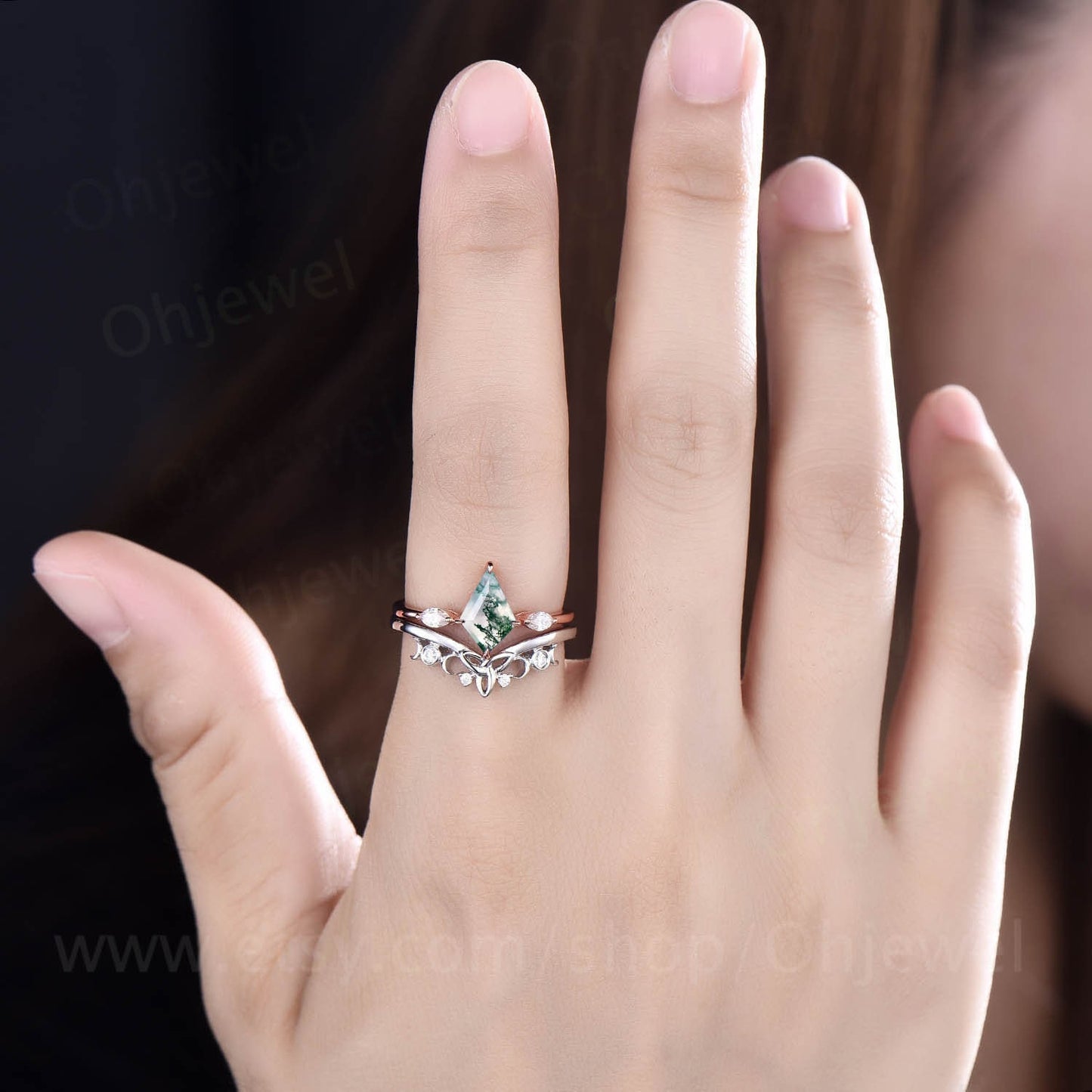 Vintage kite cut green moss agate engagement ring set rose gold three stone marquise cut moissanite ring unique wedding ring set for women