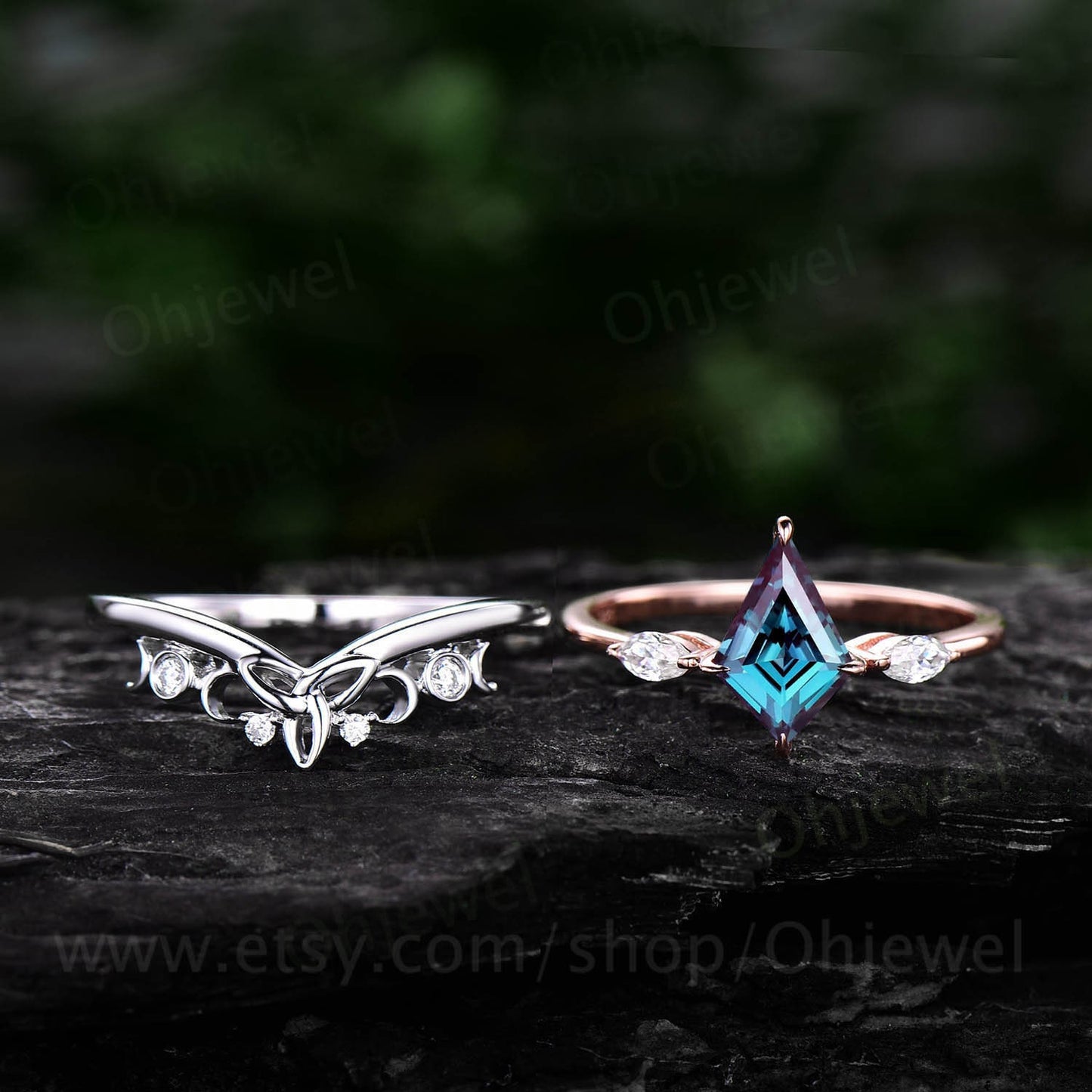 Vintage kite cut Alexandrite engagement ring set rose gold three stone marquise cut moissanite ring unique anniversary ring set for women