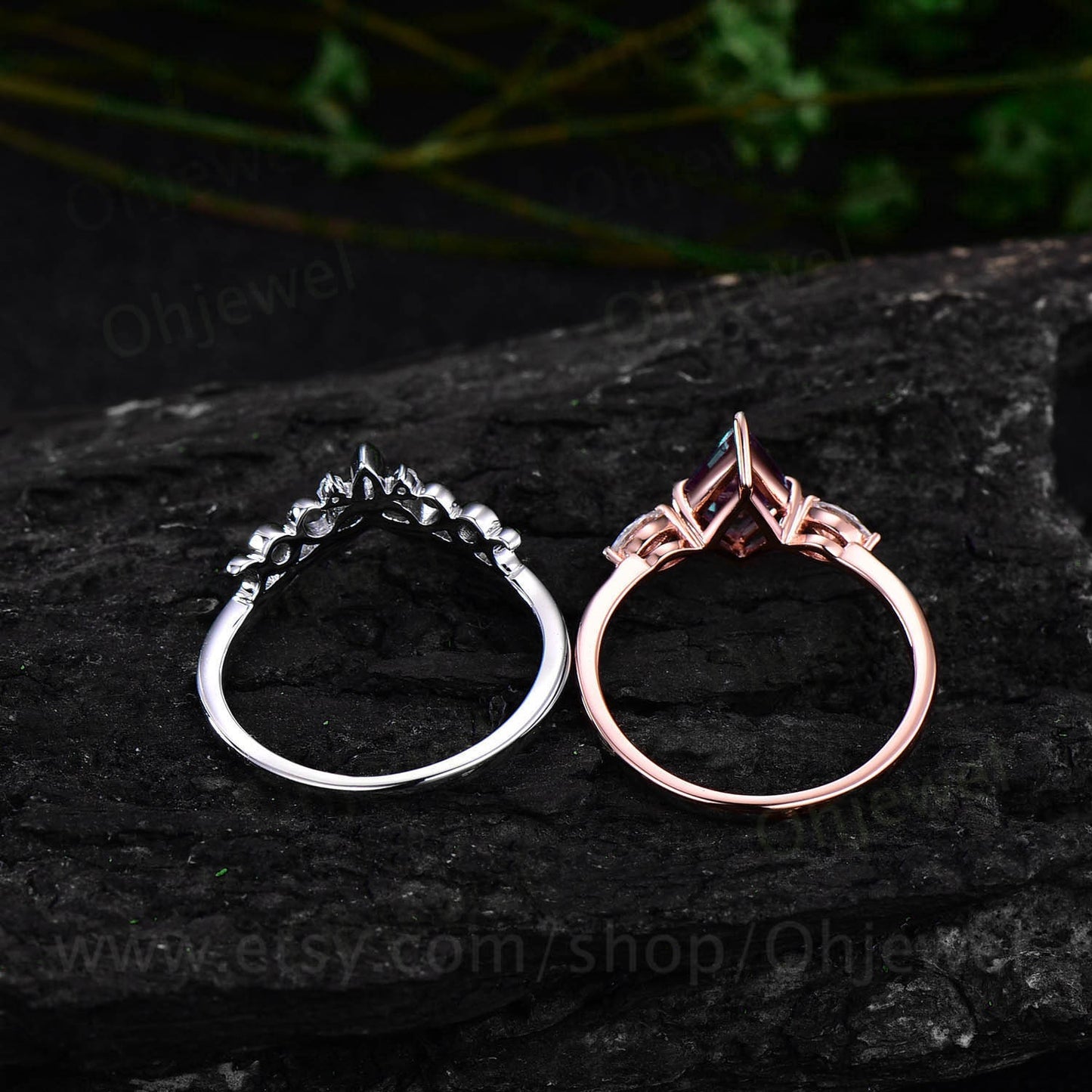 Vintage kite cut Alexandrite engagement ring set rose gold three stone marquise cut moissanite ring unique anniversary ring set for women