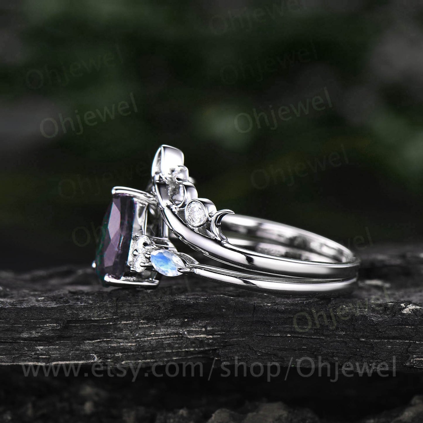 Unique pear shaped Alexandrite engagement ring set art deco vintage moonstone ring rose gold silver dainty moissanite wedding ring set women