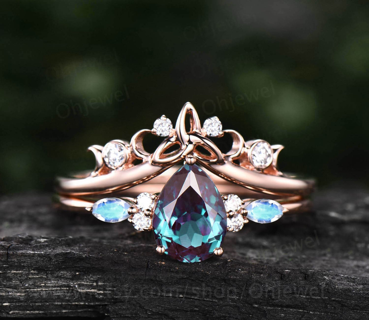 Unique pear shaped Alexandrite engagement ring set art deco vintage moonstone ring rose gold silver dainty moissanite wedding ring set women
