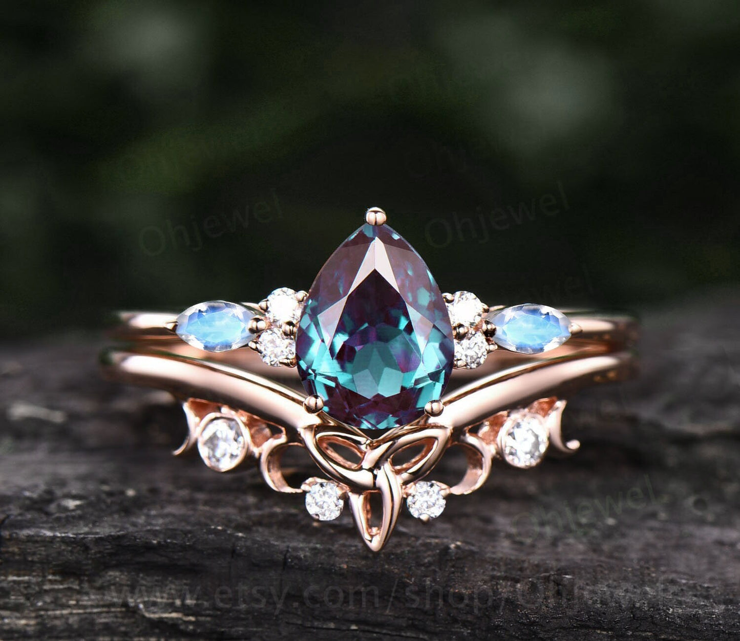 Vintage pear Alexandrite moonstone engagement ring solid 14k rose gold cluster moissanite ring unique promise wedding bridal ring set women