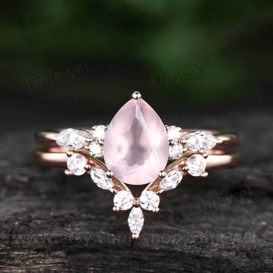 Pear shaped rose quartz engagement ring set 14k rose gold silver art deco unique vintage engagement ring moissanite promise ring set women