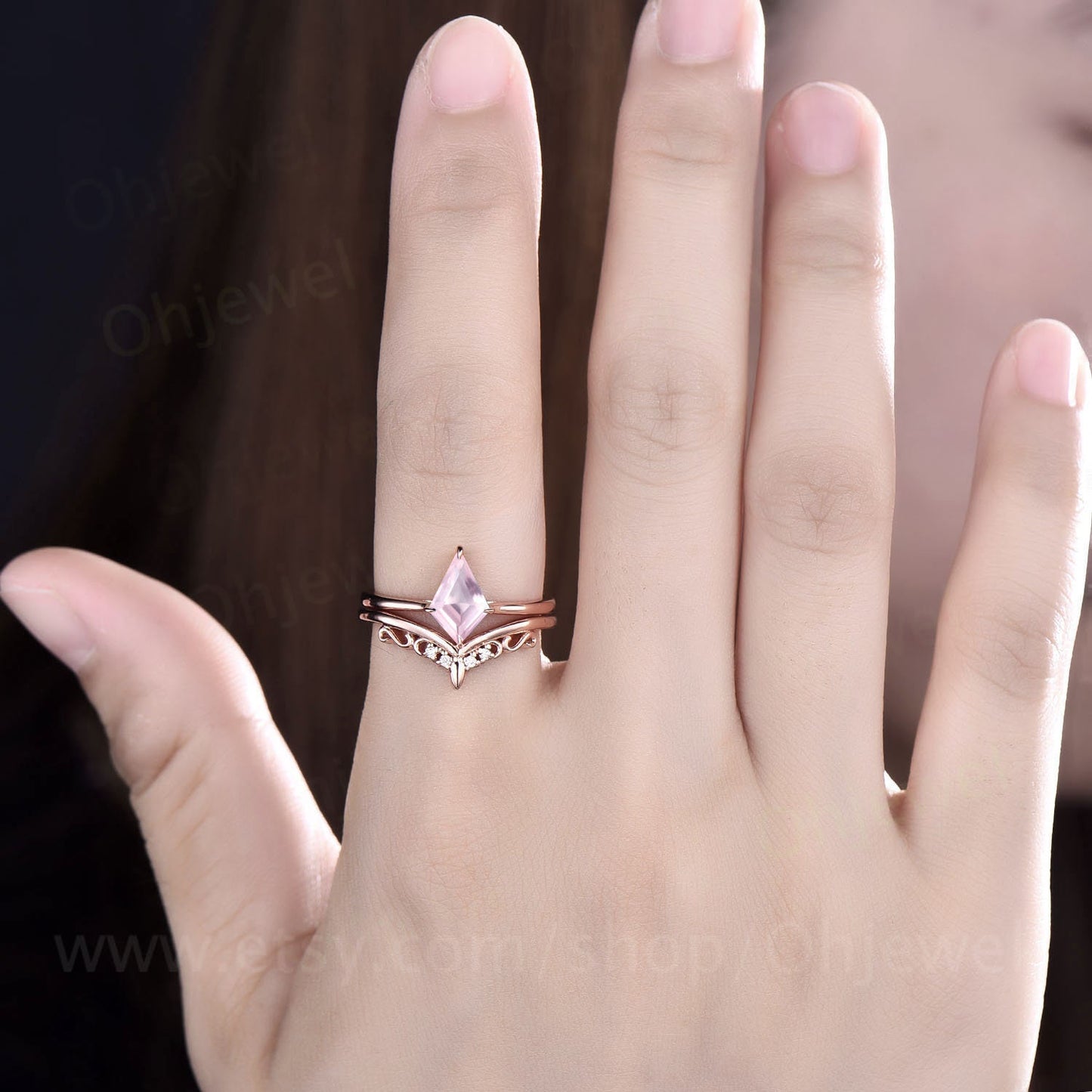 Kite cut rose quartz ring for women vintage unique solitaire rose quartz engagement ring set 14k rose gold silver moissanite bridal ring set
