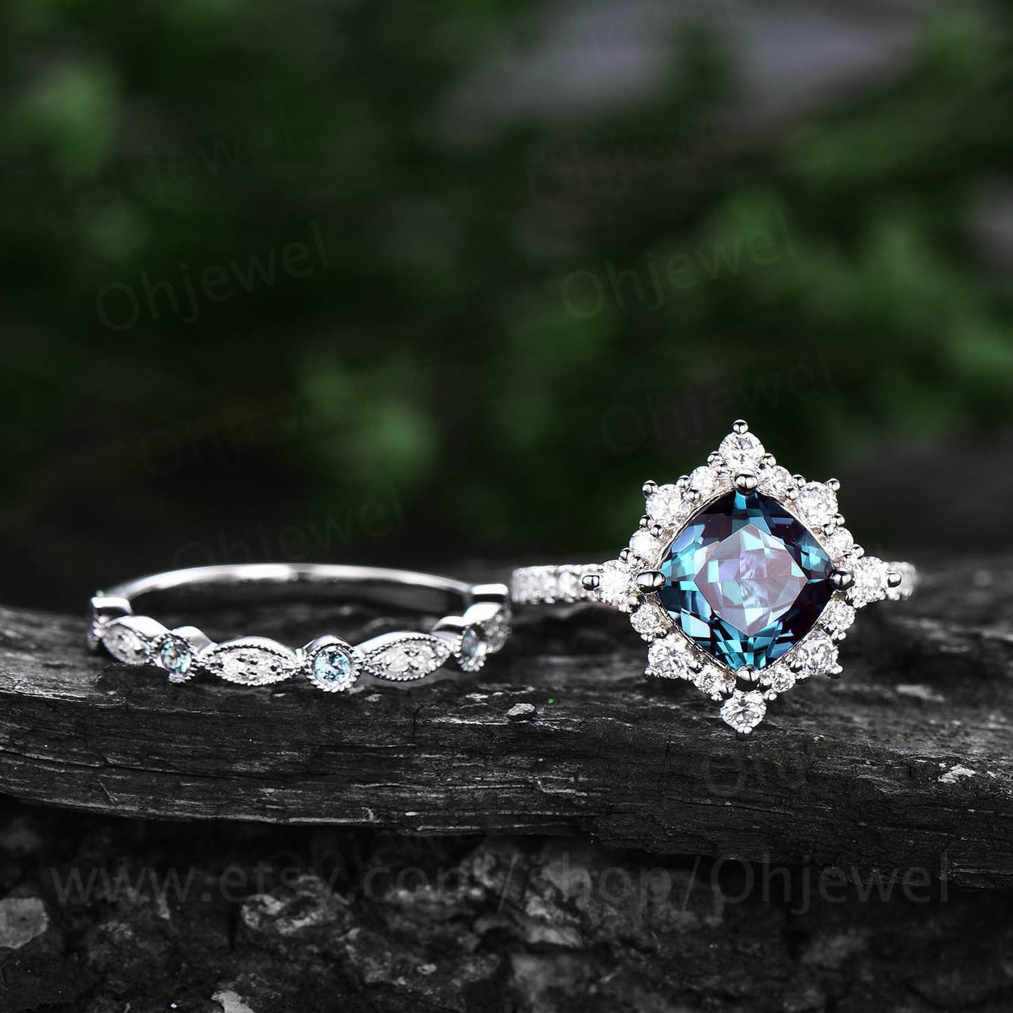 Alexandrite ring Cushion cut alexandrite engagement ring set halo unique rose gold engagement ring women promise bridal wedding ring women