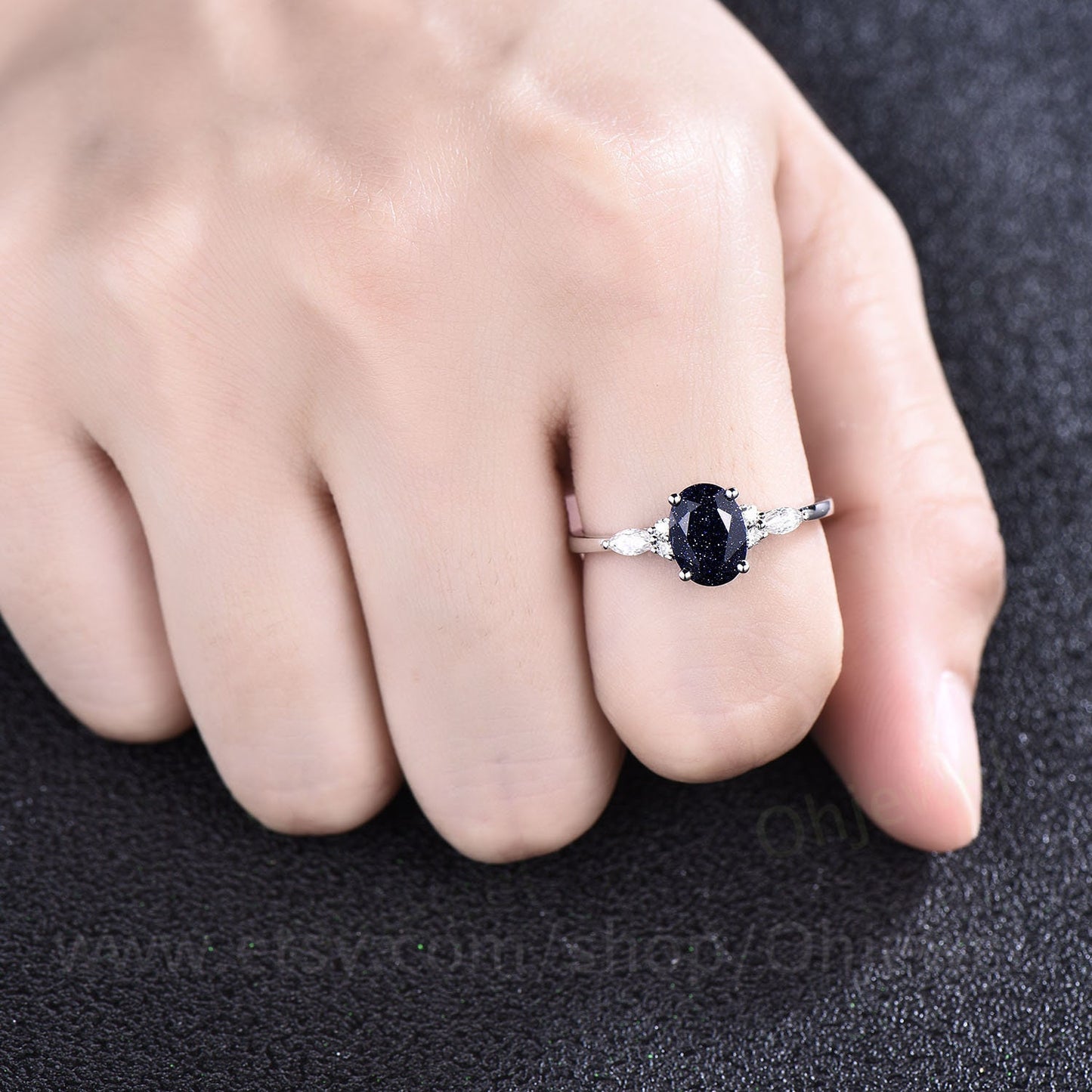 Oval blue sandstone engagement ring set 14k white gold Galaxy vintage unique engagement ring moissanite ring for women Norse Viking Jewelry