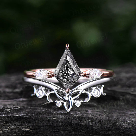Unique vintage black rutilated quartz engagement ring set kite cut ring rose gold art deco minimalist three stone moissanite ring for women