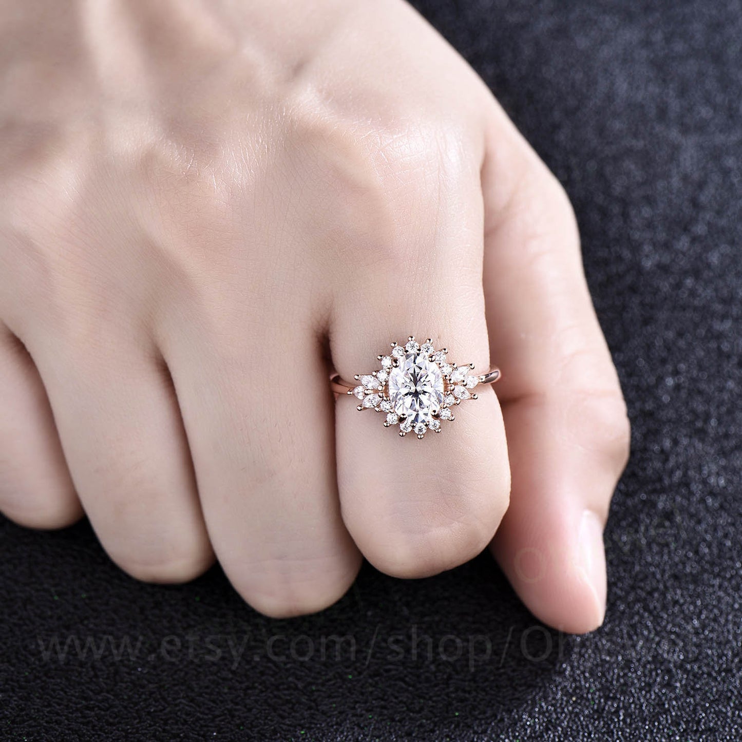 Oval cut moissanite engagement ring 14k rose gold art deco halo cluster vintage unique engagement ring antique bridal wedding ring for women