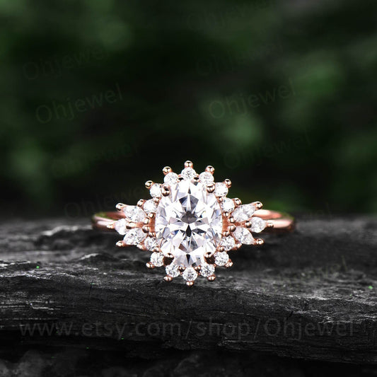 Oval cut moissanite engagement ring 14k rose gold art deco halo cluster vintage unique engagement ring antique bridal wedding ring for women