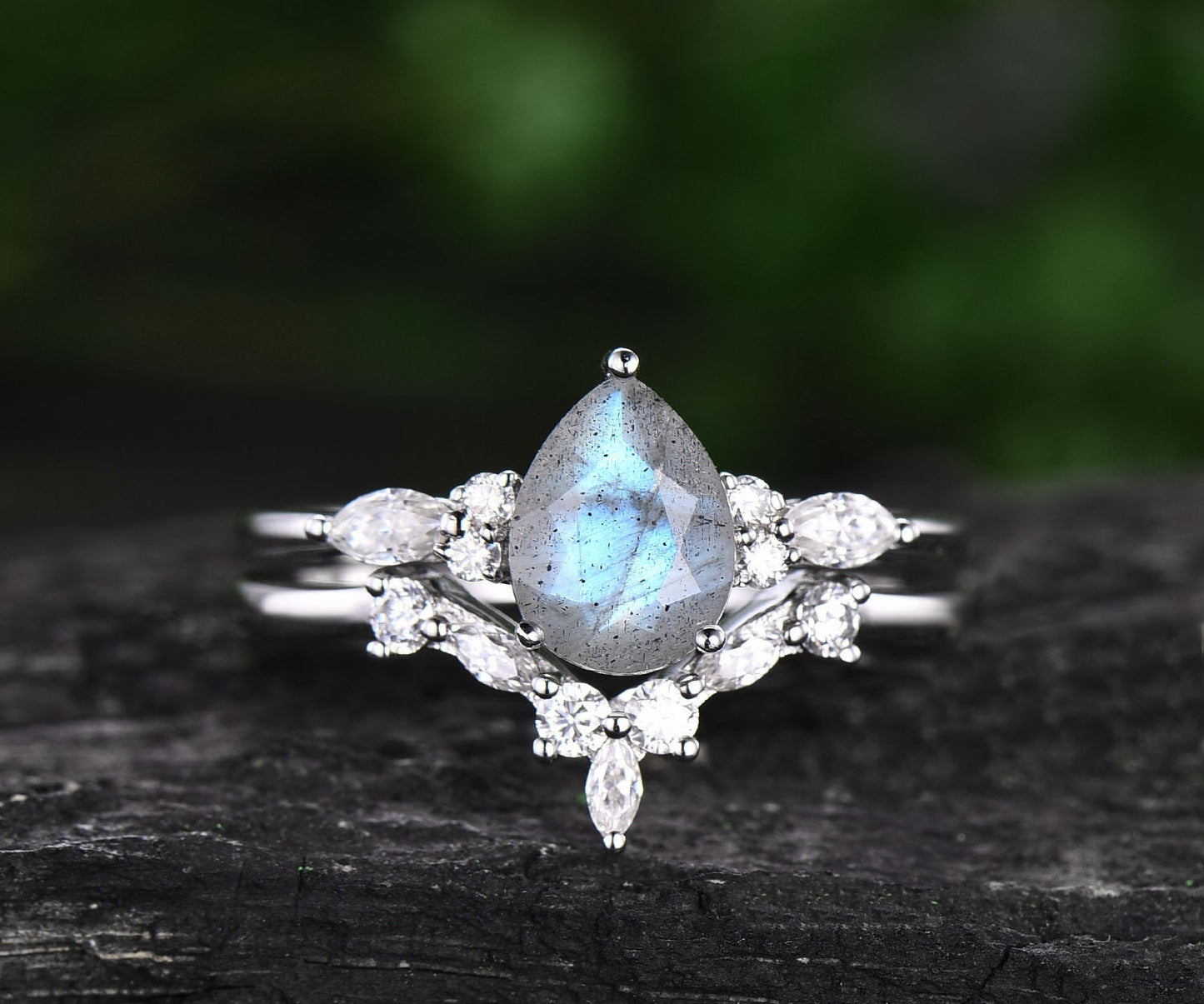 Unique pear shaped Labradorite engagement ring set vintage art deco marquise moissanite wedding promise ring set rose gold sterling silver