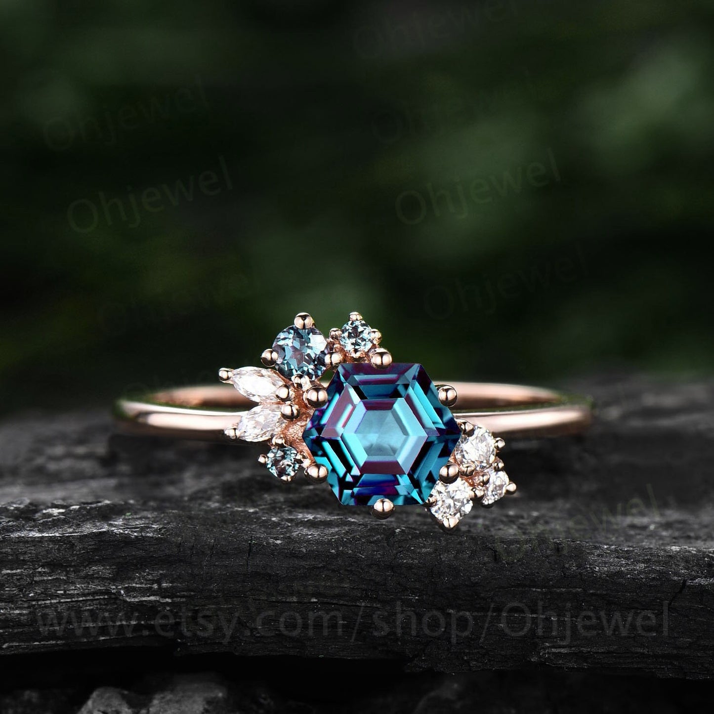 Hexagon cut Alexandrite ring for women vintage unique Alexandrite engagement ring 14k white gold cluster art deco moissanite wedding ring