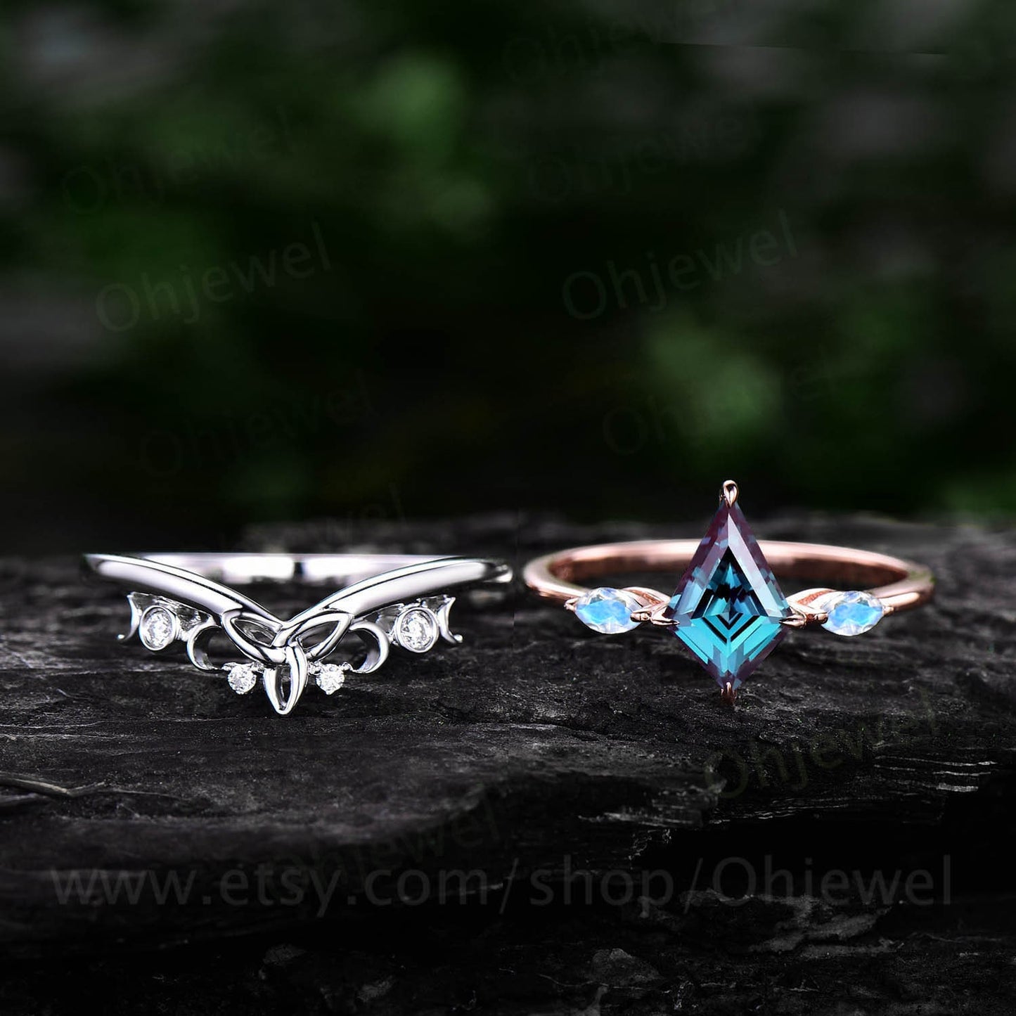 Vintage kite shaped Alexandrite engagement ring set art deco rose gold three stone marqusie moonstone ring unique wedding ring set for women