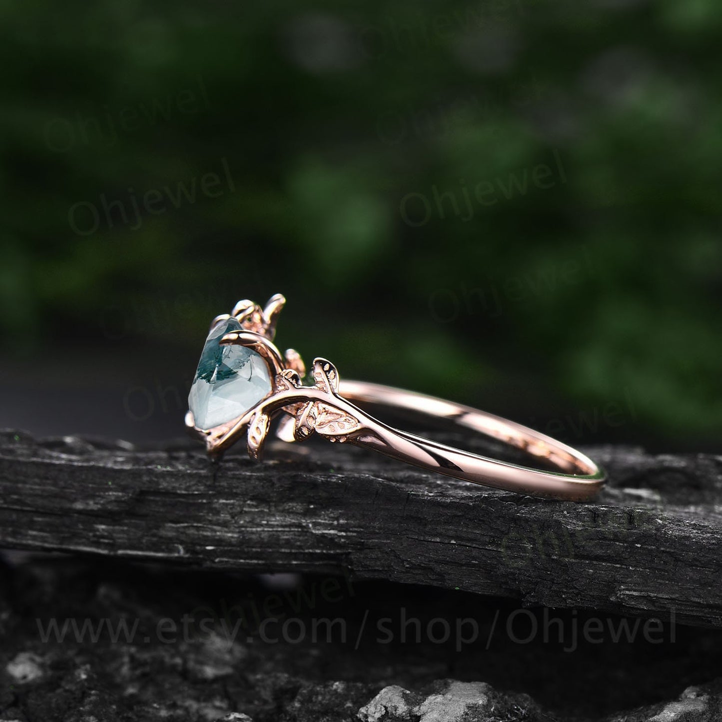 Heart shaped moss agate engagement ring leaf flower rose gold silver unique vintage solitaire engagement ring promise wedding ring for women
