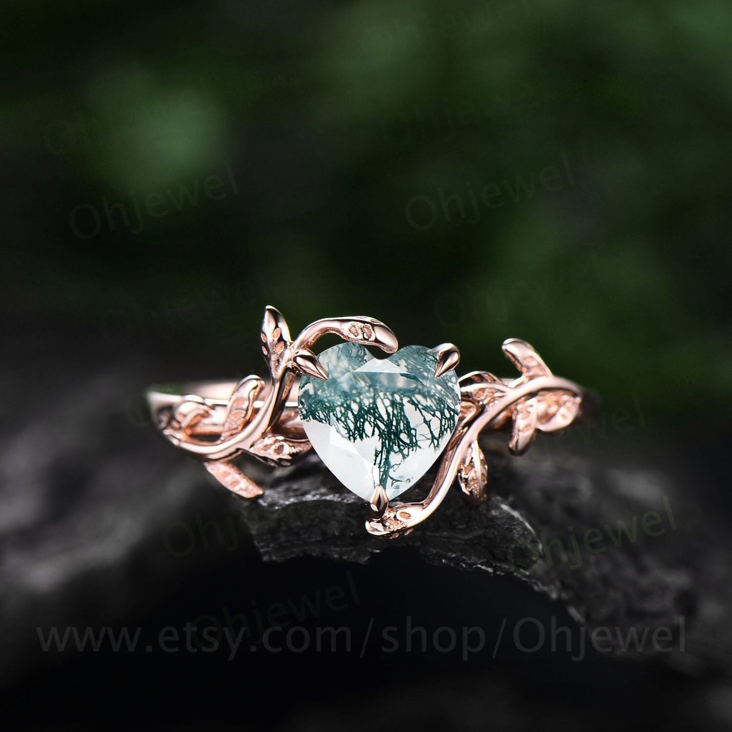 Heart shaped moss agate engagement ring leaf flower rose gold silver unique vintage solitaire engagement ring promise wedding ring for women