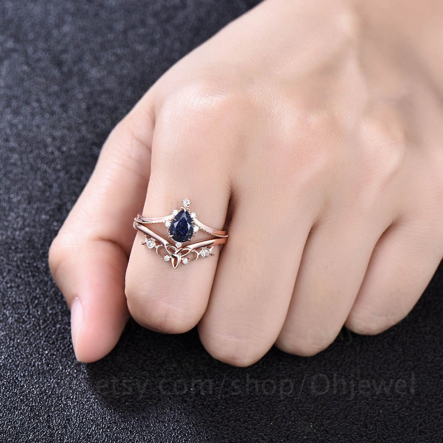 Pear shaped blue sandstone engagement ring set 14k white gold vintage unique engagement ring dainty moissanite wedding ring set for women