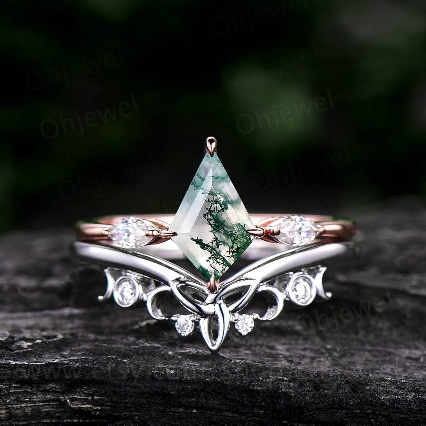 Vintage kite cut green moss agate engagement ring set rose gold three stone marquise cut moissanite ring unique wedding ring set for women