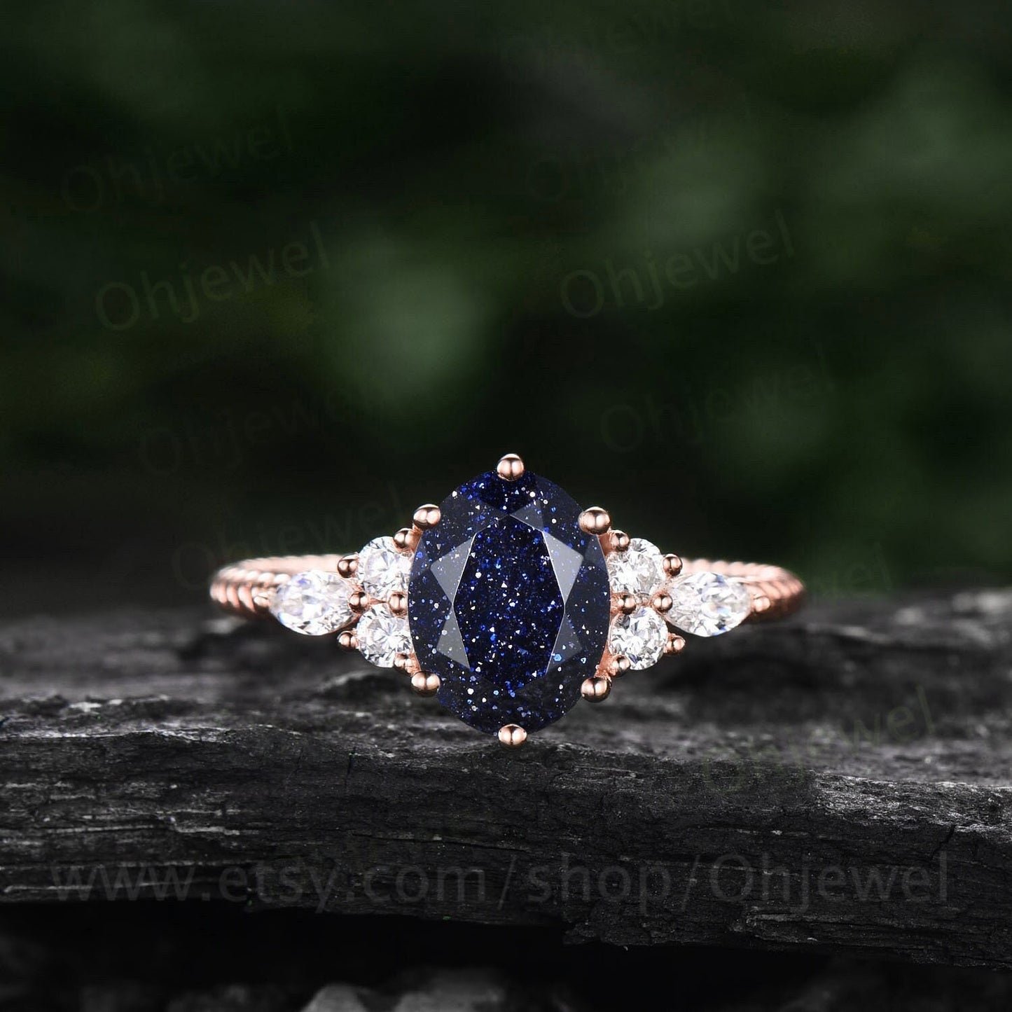 Oval cut blue sandstone engagement ring rose gold art deco vintage unique engagement ring marquise diamond twisted wedding ring for women