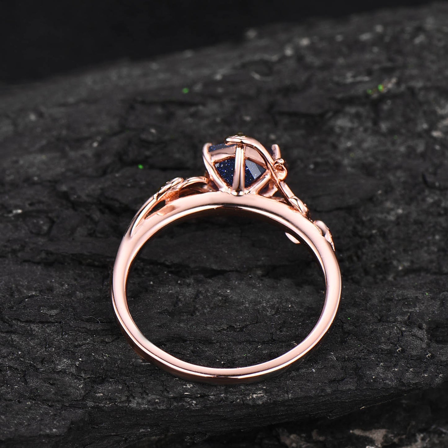 Hexagon blue sandstone engagement ring leaf flower rose gold silver unique vintage solitaire engagement ring bridal wedding ring for women