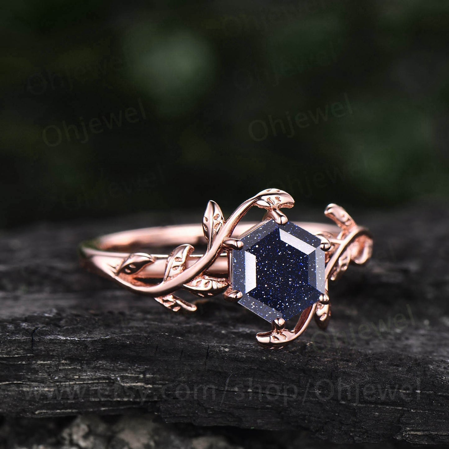 Hexagon blue sandstone engagement ring leaf flower rose gold silver unique vintage solitaire engagement ring bridal wedding ring for women