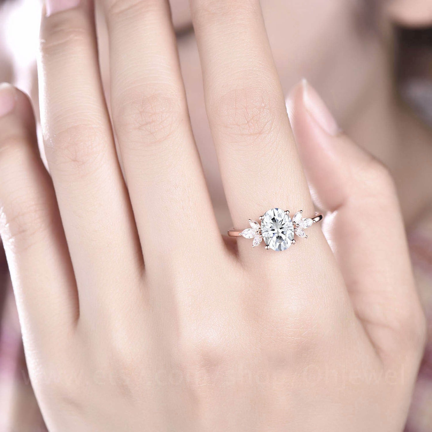 Vintage oval cut moissanite engagement ring 14k rose gold leaf flower marquise cut diamond cluster engagement ring wedding ring for women