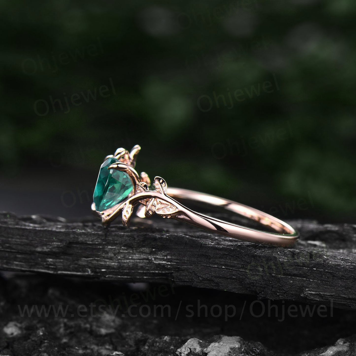Heart shaped green emerald engagement ring leaf flower 14k rose gold silver unique vintage solitaire engagement ring wedding ring for women