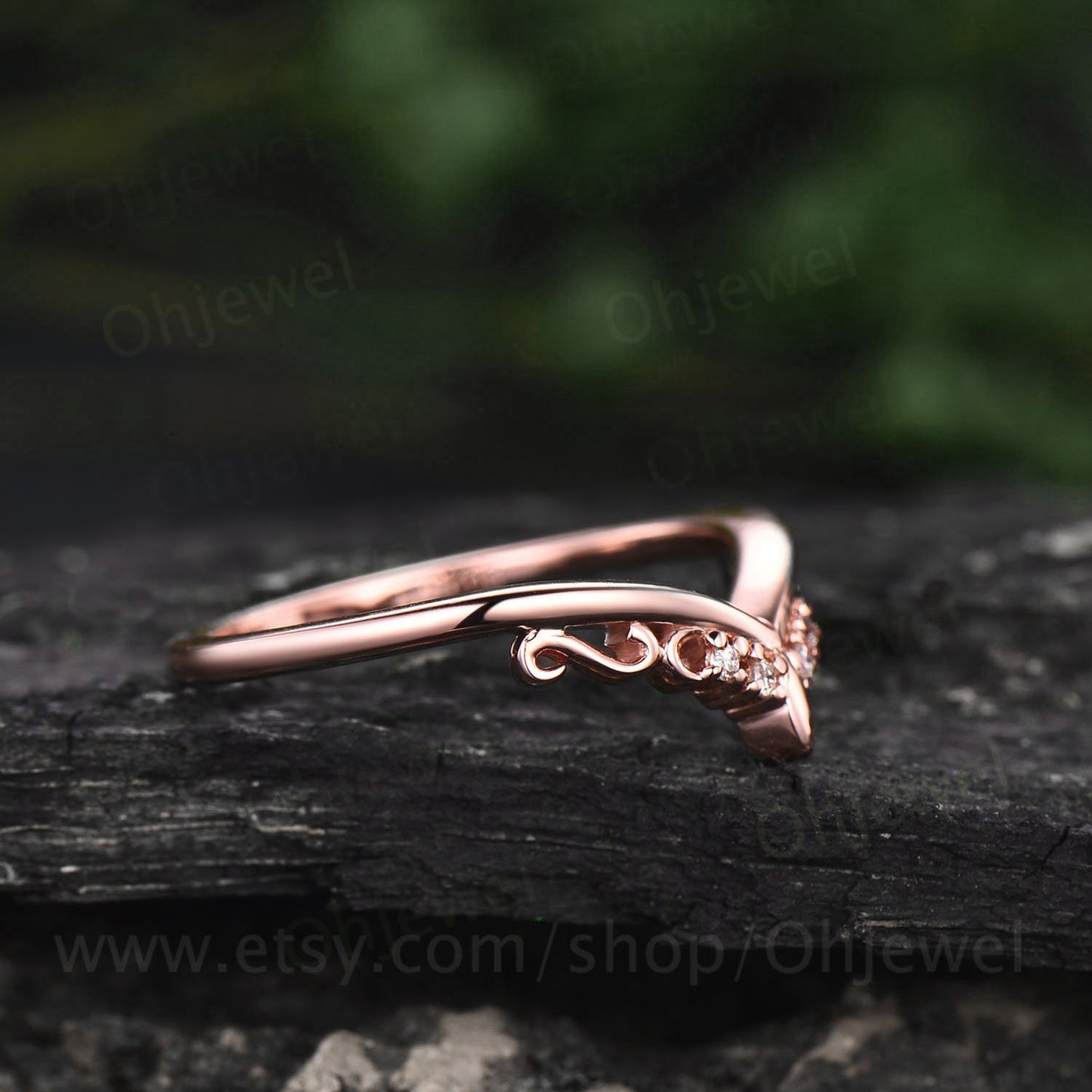 Unique moissanite wedding band 14k rose gold vintage style wedding ring band moon ring antique ring bridal anniversary band stacking ring
