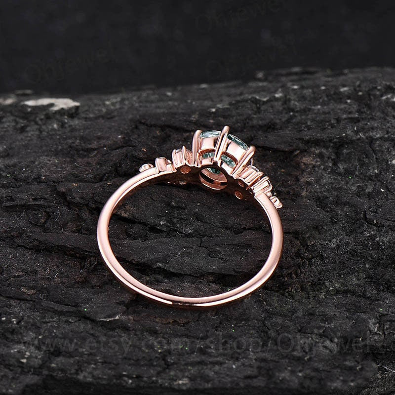 Vintage hexagon moss agate engagement ring 18k rose gold unique cluster snowdrift diamond engagement ring six prong wedding ring for women