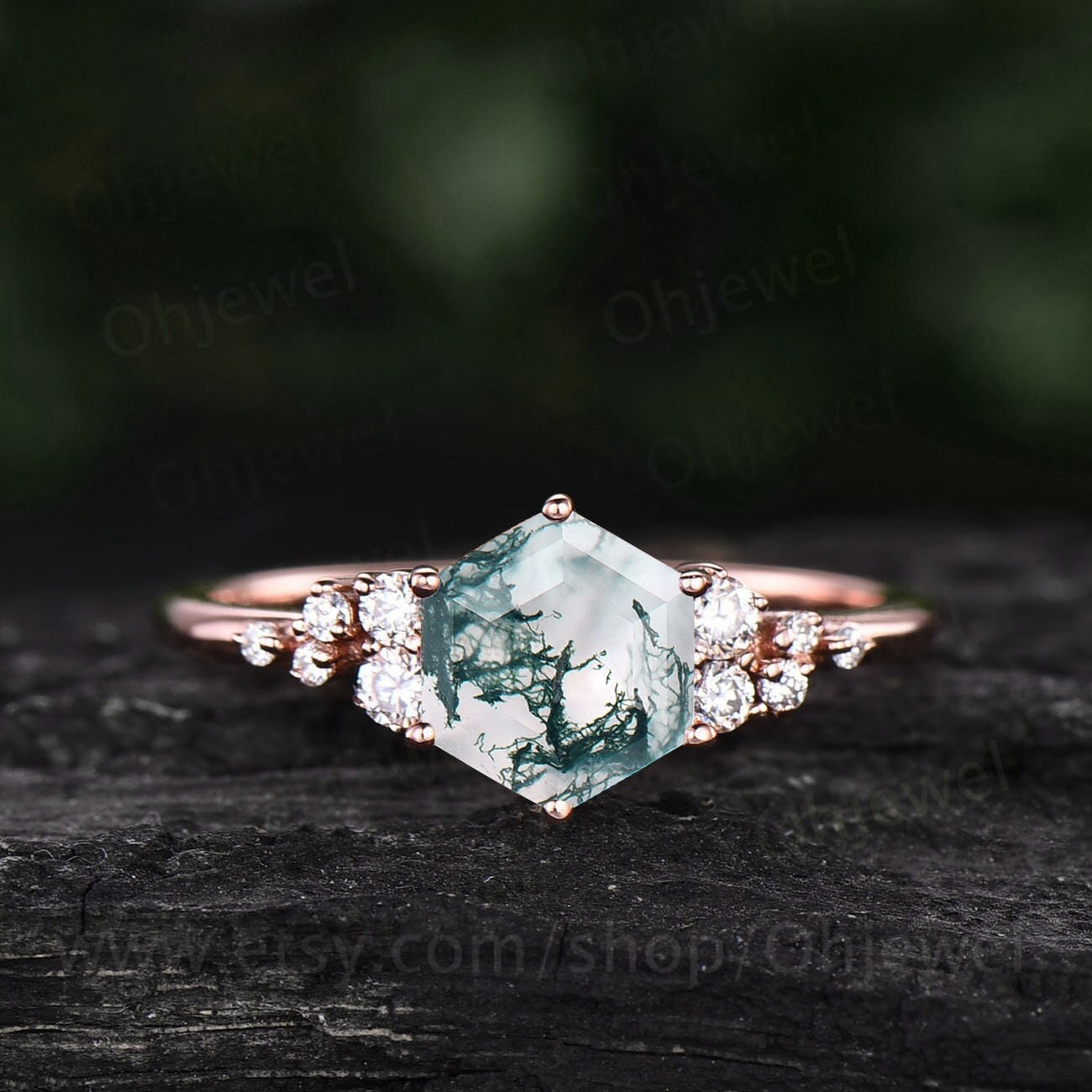 Vintage hexagon moss agate engagement ring 18k rose gold unique cluster snowdrift diamond engagement ring six prong wedding ring for women