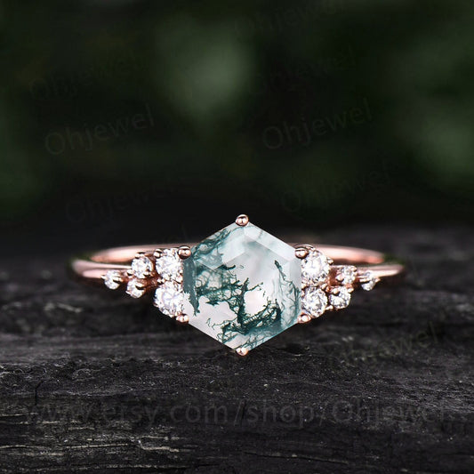 Vintage hexagon moss agate engagement ring 18k rose gold unique cluster snowdrift diamond engagement ring six prong wedding ring for women