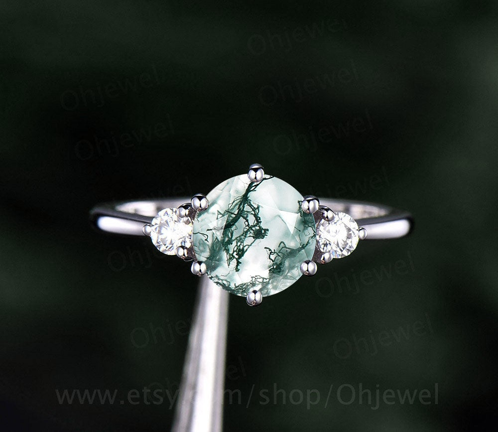 Round moss agate ring set vintage moss agate engagement ring set rose gold moissanite ring set three stone ring bridal ring set for women