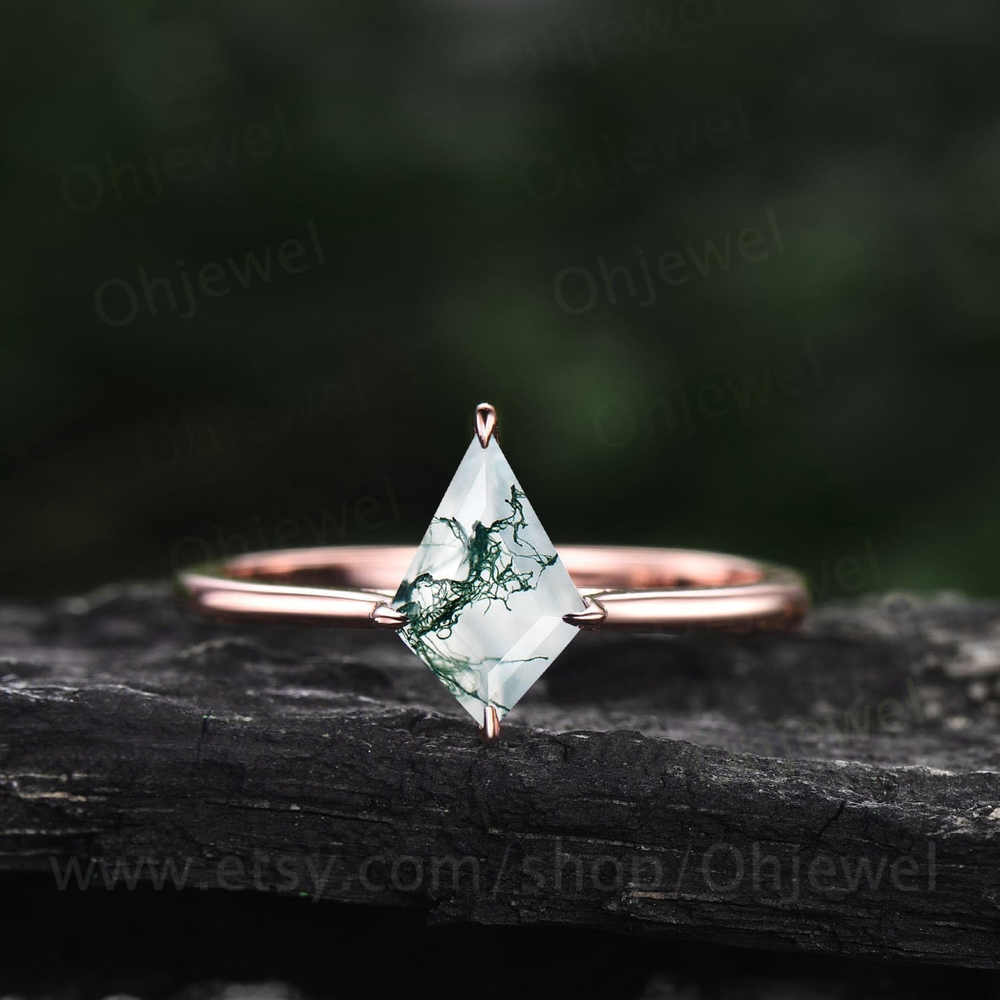 Vintage green moss agate engagement ring set 14k rose gold kite shaped moss agate ring silver antique moissanite wedding ring set for women