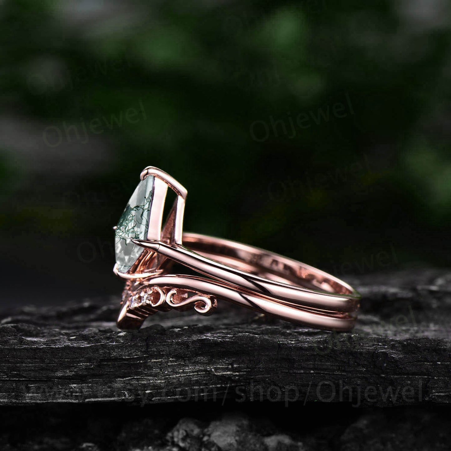 Vintage green moss agate engagement ring set 14k rose gold kite shaped moss agate ring silver antique moissanite wedding ring set for women