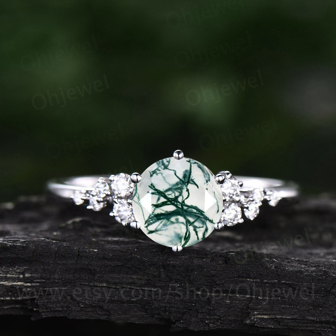 Vintage round cut green moss agate engagement ring 14k rose gold unique cluster snowdrift diamond ring for women promise wedding ring gifts