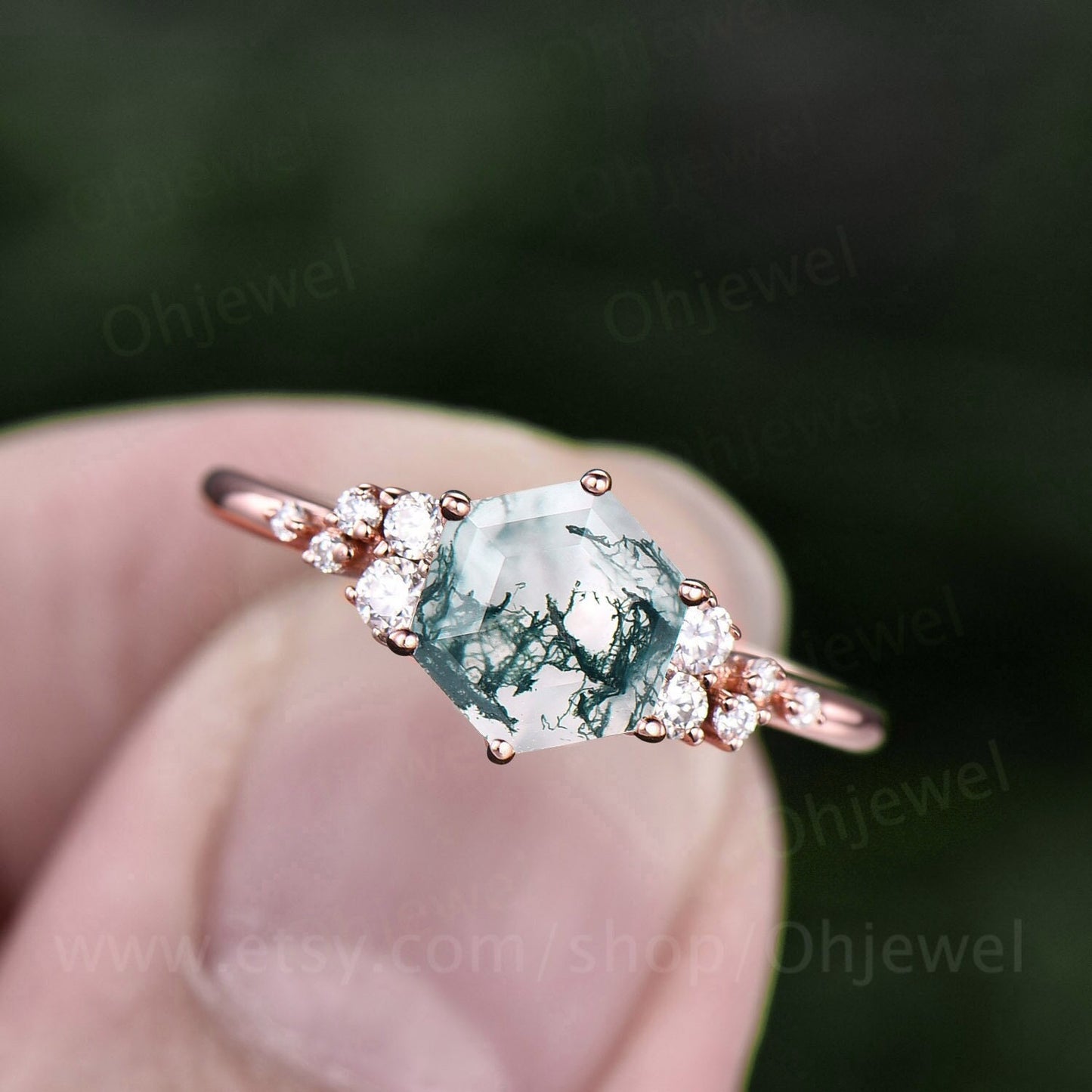 Vintage hexagon moss agate engagement ring 18k rose gold unique cluster snowdrift diamond engagement ring six prong wedding ring for women