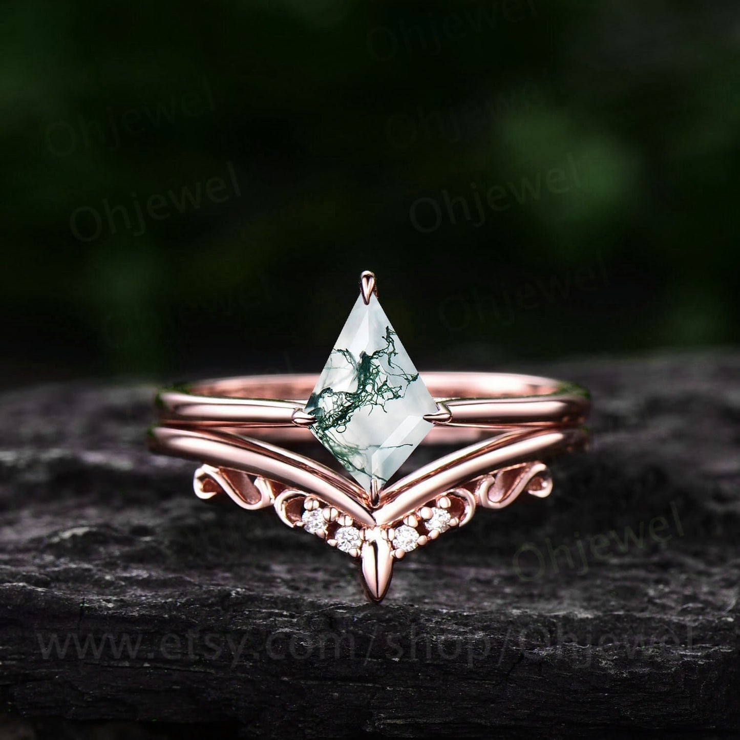 Vintage green moss agate engagement ring set 14k rose gold kite shaped moss agate ring silver antique moissanite wedding ring set for women