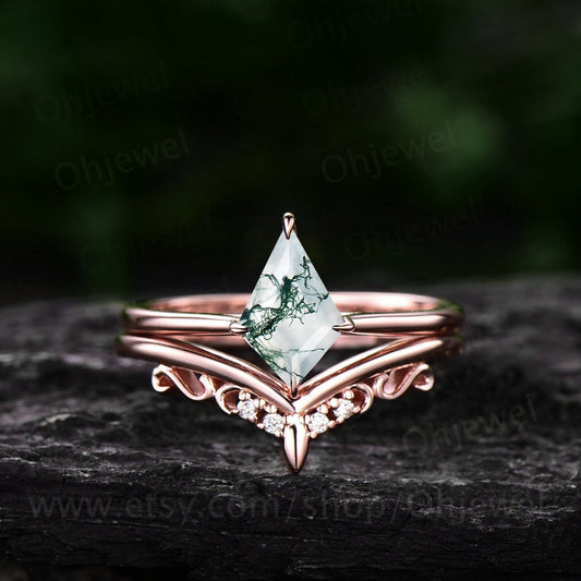 Vintage green moss agate engagement ring set 14k rose gold kite shaped moss agate ring silver antique moissanite wedding ring set for women