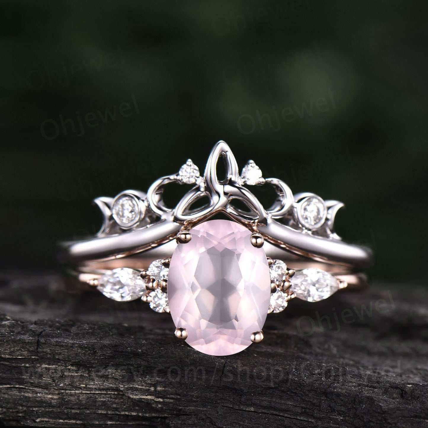 Unique vintage oval cut rose quartz engagement ring set rose gold rose quartz ring silver moissanite ring women Norse Viking ring Jewelry