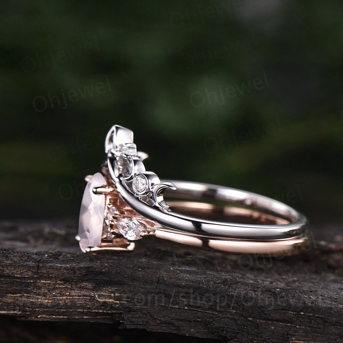 Unique vintage oval cut rose quartz engagement ring set rose gold rose quartz ring silver moissanite ring women Norse Viking ring Jewelry