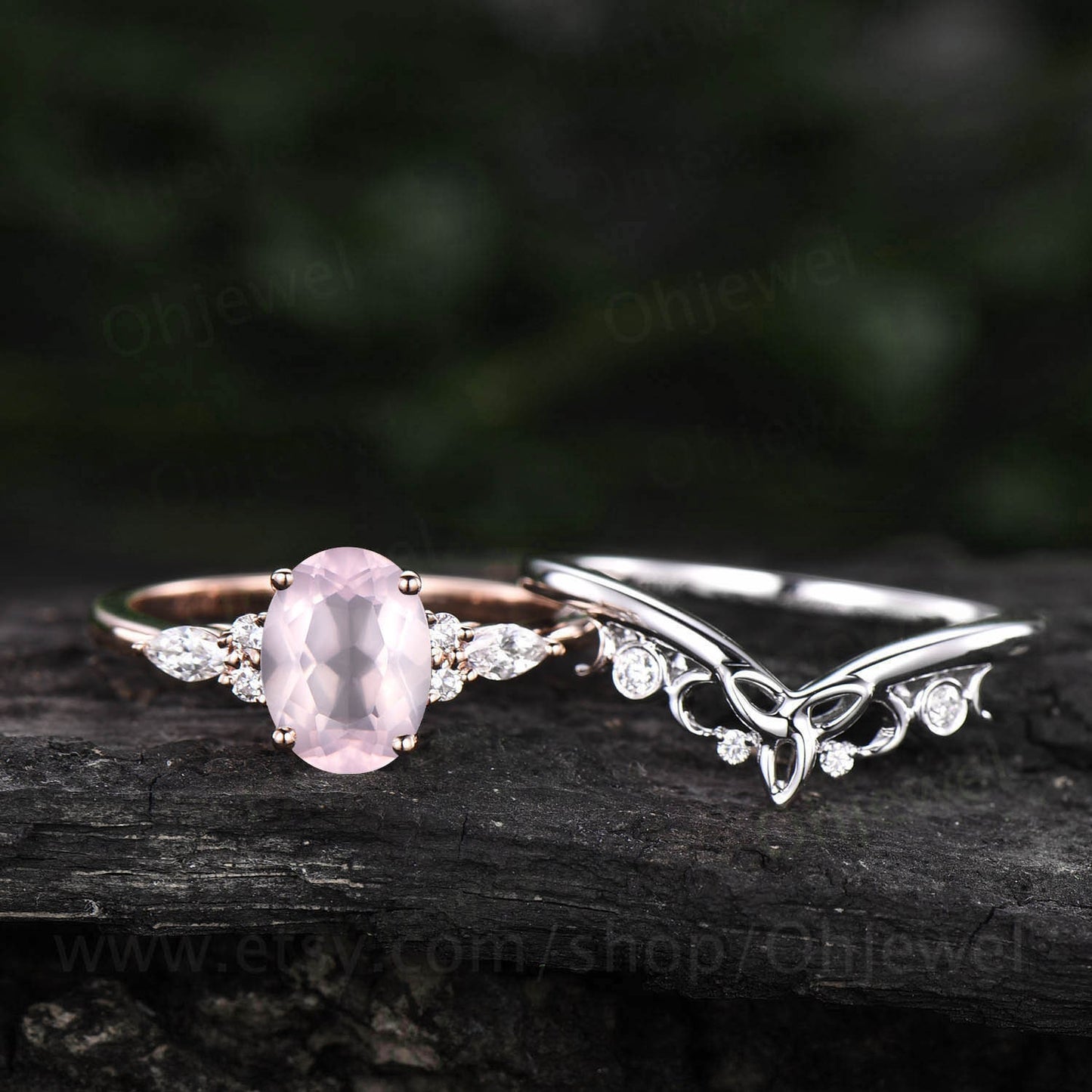 Unique vintage oval cut rose quartz engagement ring set rose gold rose quartz ring silver moissanite ring women Norse Viking ring Jewelry