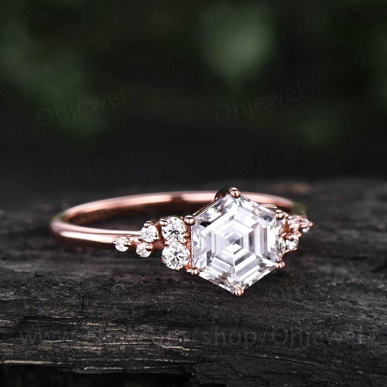 Vintage hexagon moissanite engagement ring 14k rose gold unique cluster snowdrift engagement ring six prong diamond wedding ring for women