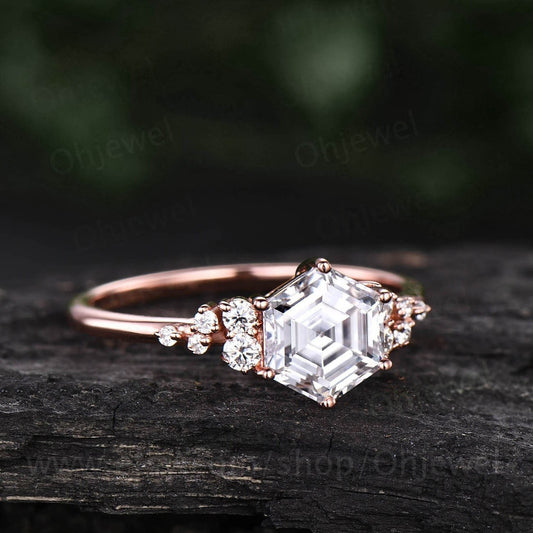 Vintage hexagon moissanite engagement ring 14k rose gold unique cluster snowdrift engagement ring six prong diamond wedding ring for women