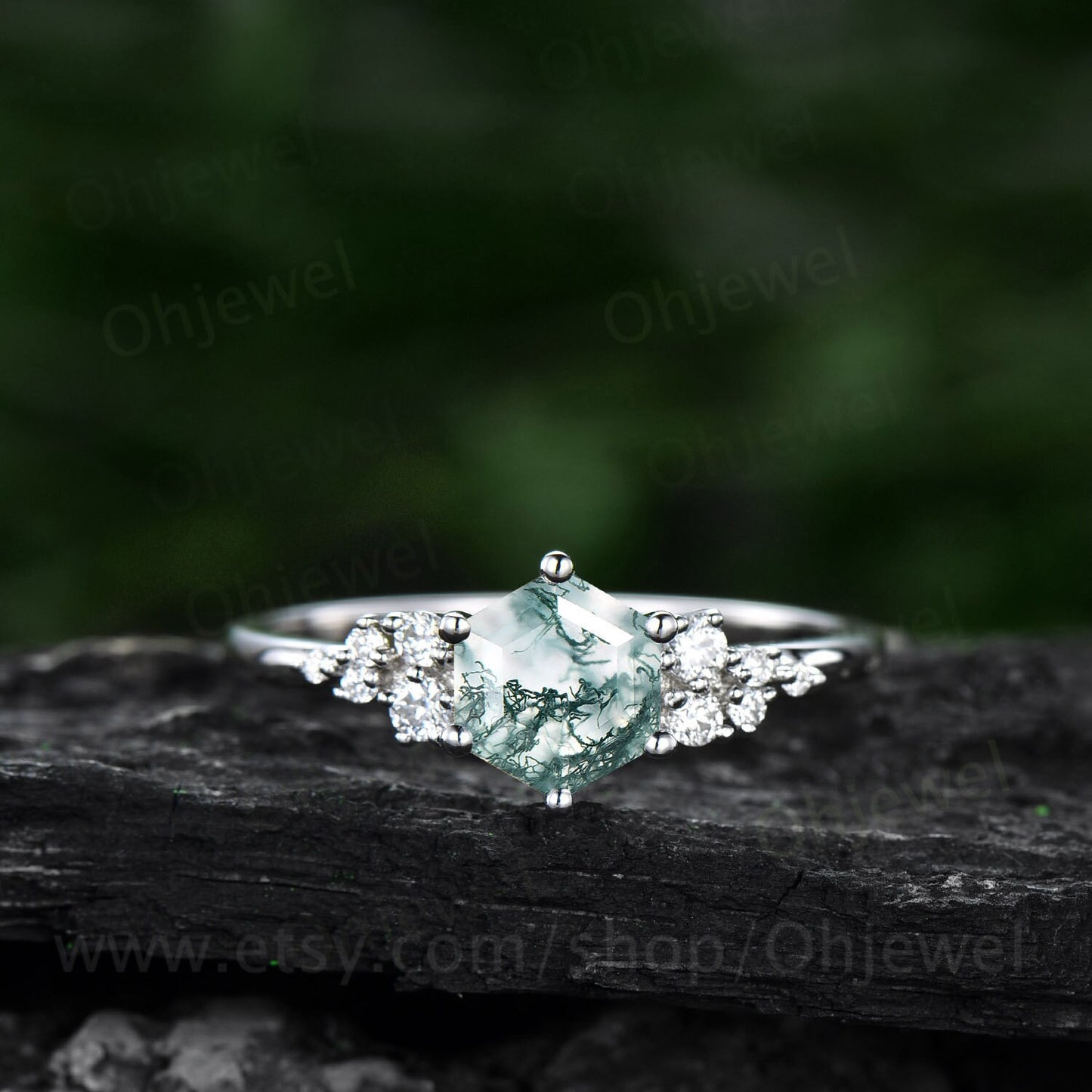 Vintage hexagon moss agate engagement ring 18k rose gold unique cluster snowdrift diamond engagement ring six prong wedding ring for women
