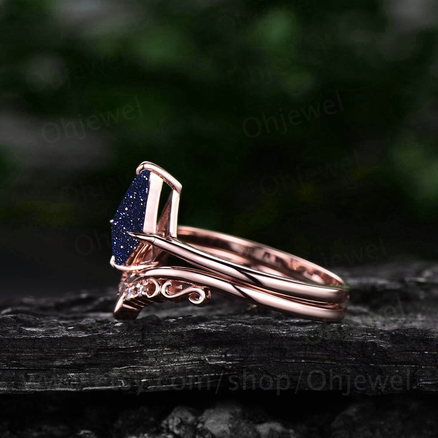 Kite cut blue sandstone ring for women vintage unique solitaire blue sandstone engagement ring set 14k rose gold moissanite wedding ring set