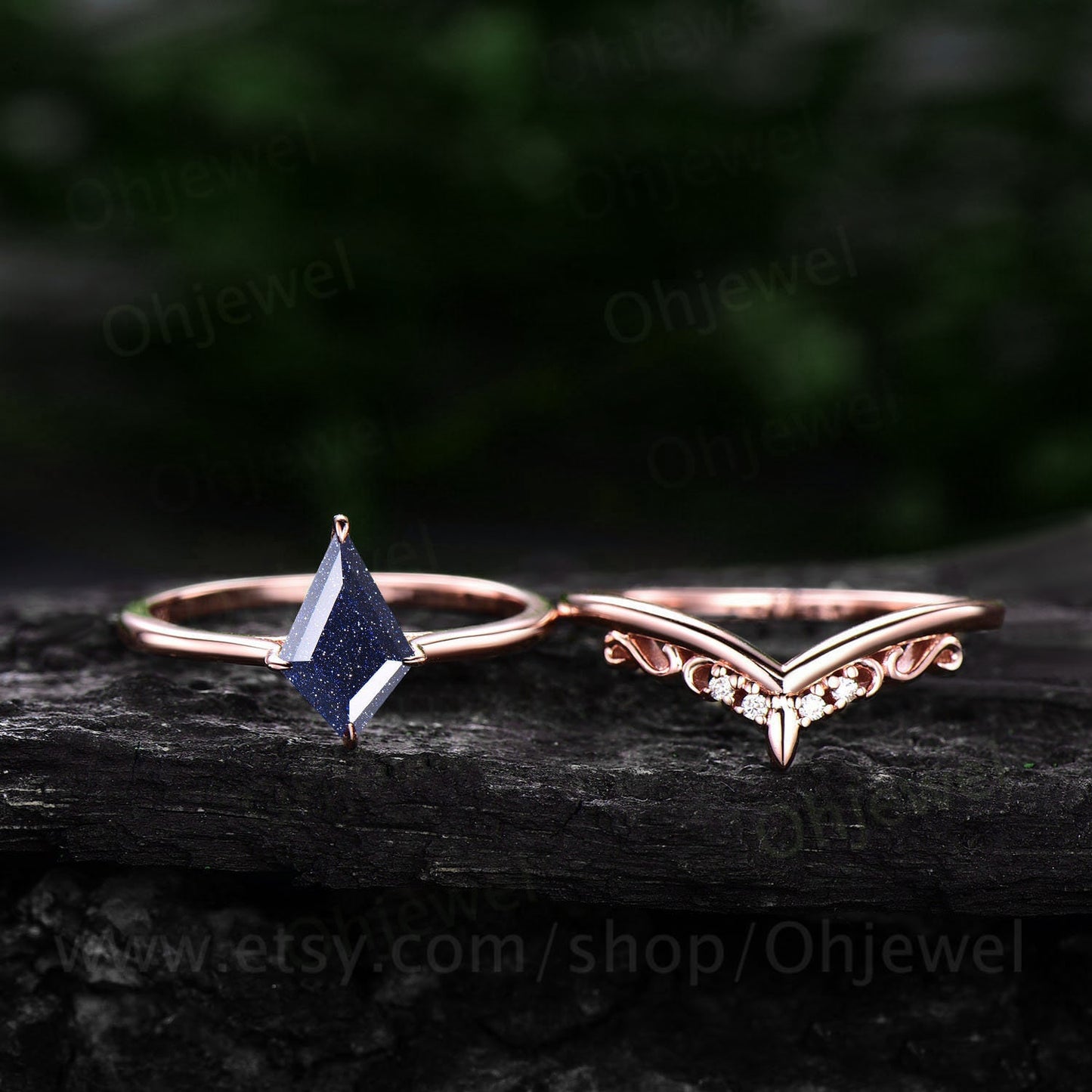 Kite cut blue sandstone ring for women vintage unique solitaire blue sandstone engagement ring set 14k rose gold moissanite wedding ring set