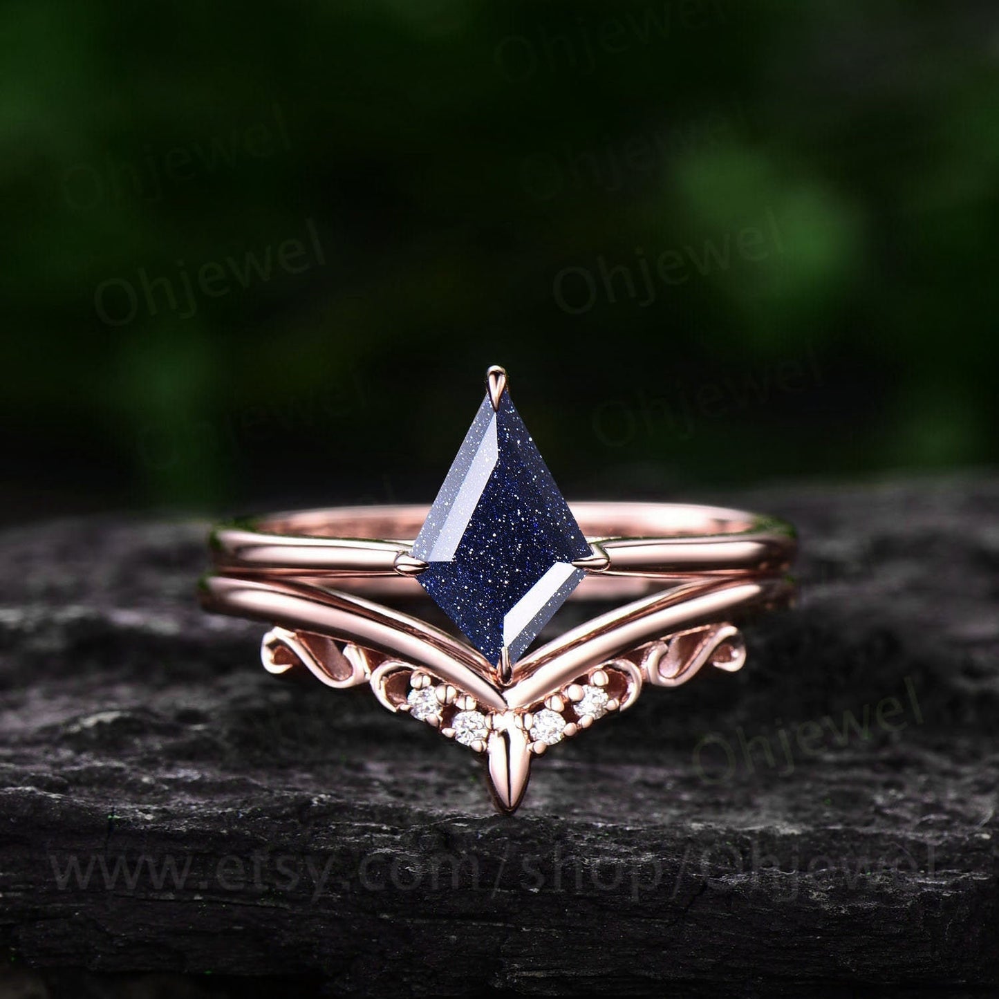 Kite cut blue sandstone ring for women vintage unique solitaire blue sandstone engagement ring set 14k rose gold moissanite wedding ring set