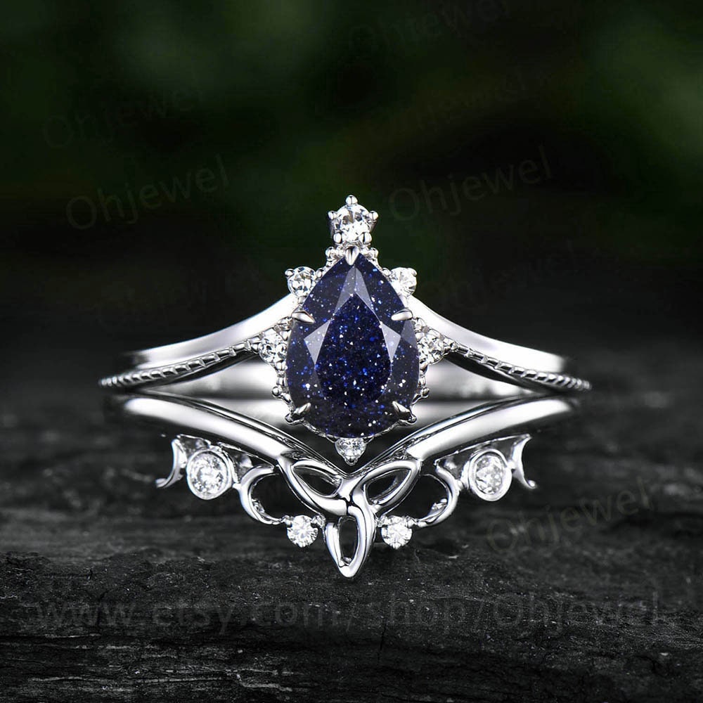 Pear shaped blue sandstone engagement ring set 14k white gold vintage unique engagement ring dainty moissanite wedding ring set for women