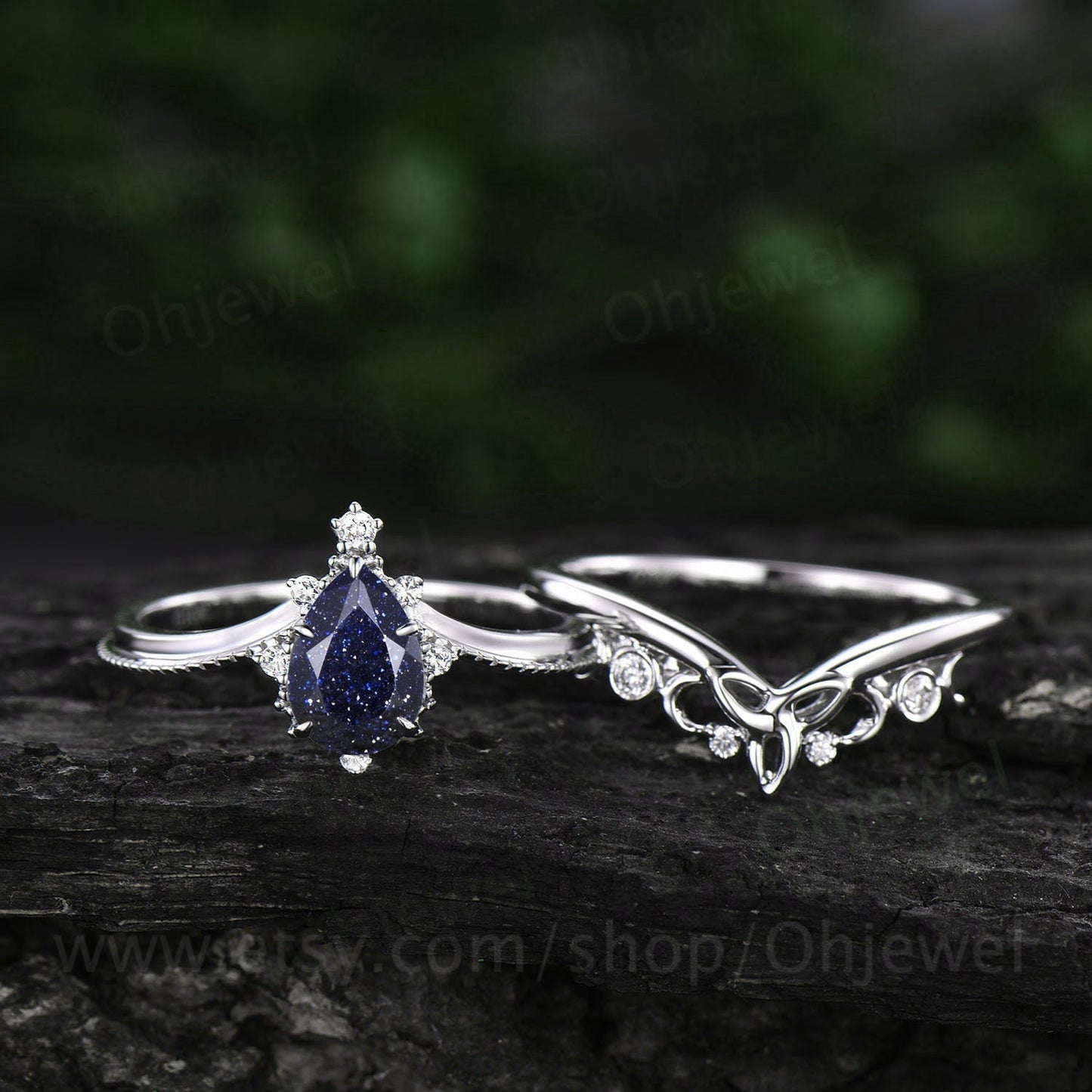 Pear shaped blue sandstone engagement ring set 14k white gold vintage unique engagement ring dainty moissanite wedding ring set for women