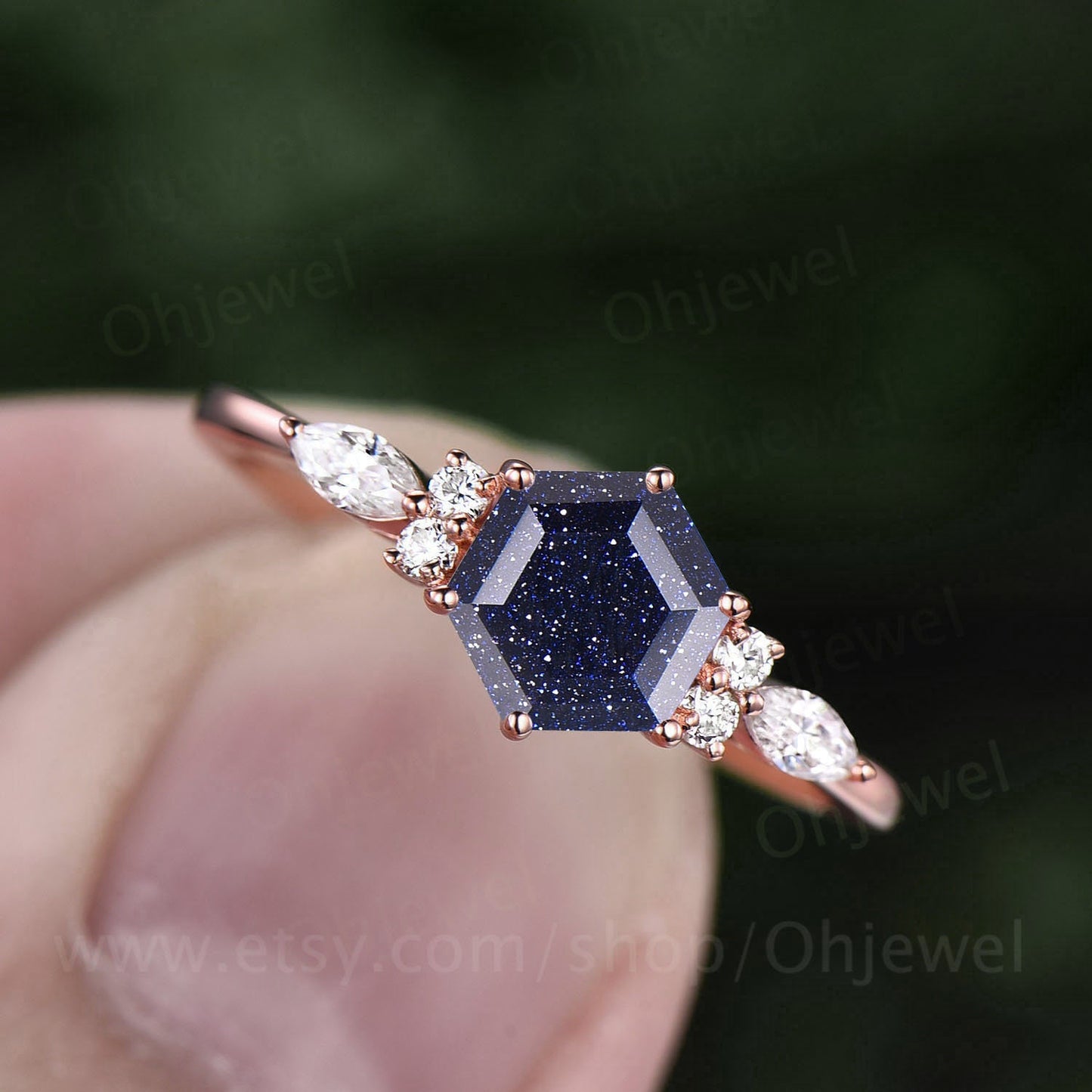 Vintage hexagon blue sandstone engagement ring art deco 14k rose gold silver 7 stone moissanite ring for women wedding anniversary ring gift